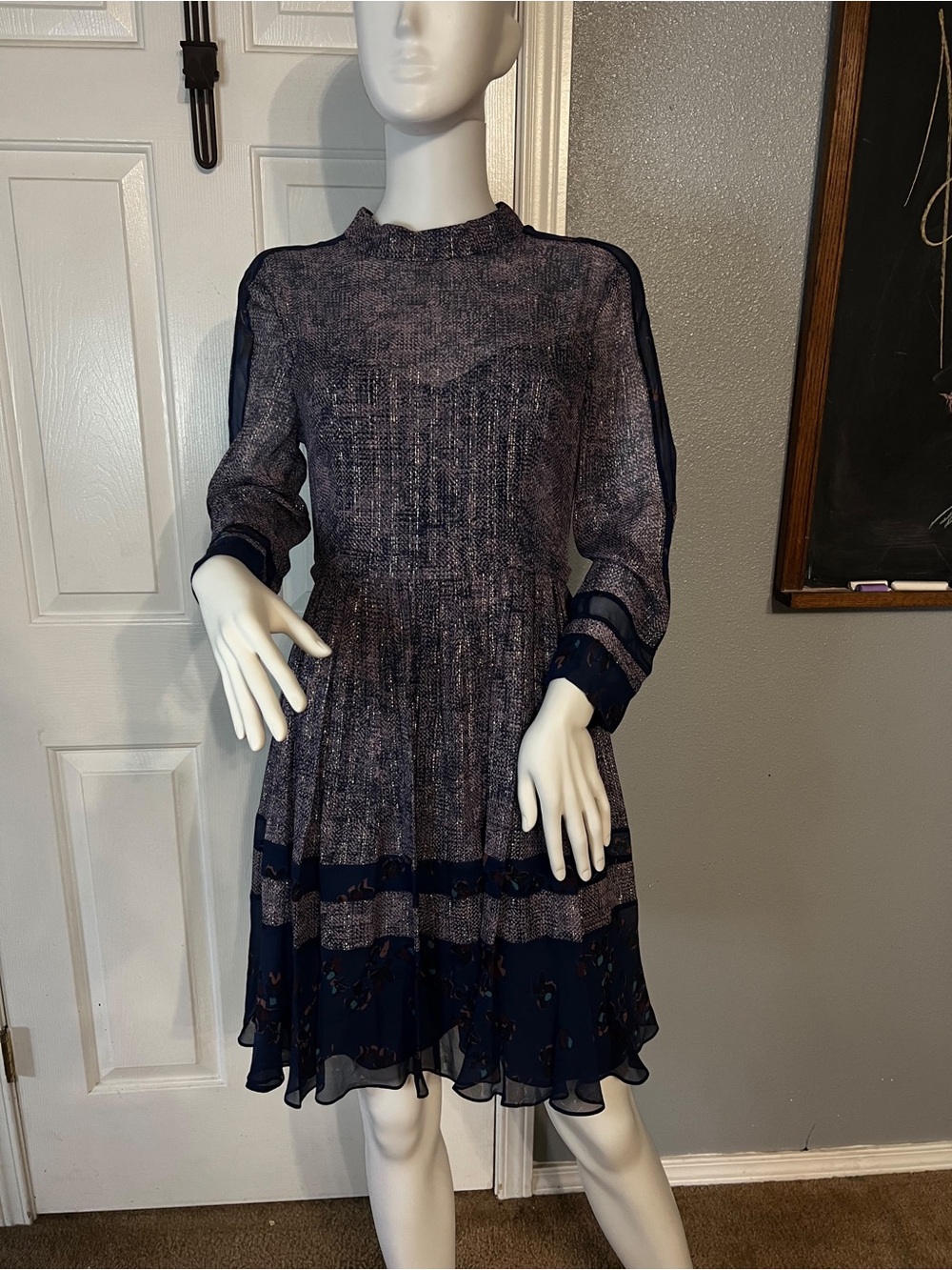 Rebecca Taylor Navy and Gray Long-Sleeve Pleated Chiffon Dress
